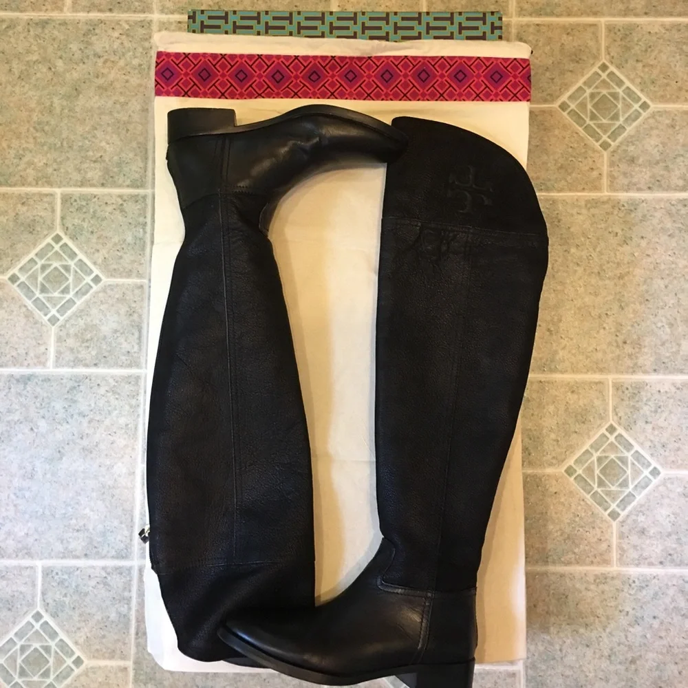 Tory Burch Black Over-The-Knee Leather Riding Boots with Embossed Logo